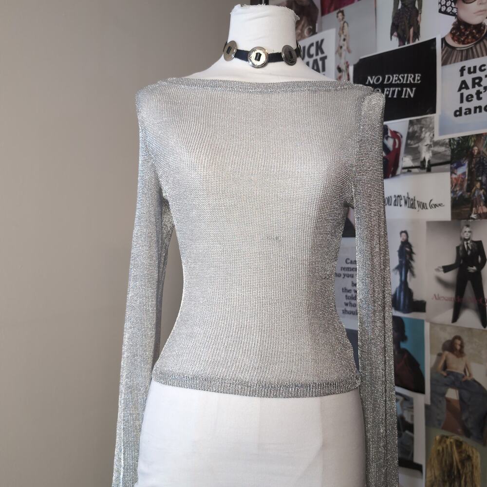 Metallic Silver Boatneck Long Sleeve Top
